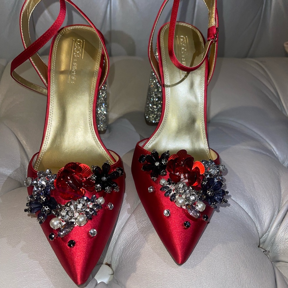 ASOS Red Satin Heels with Embellishments NWT
